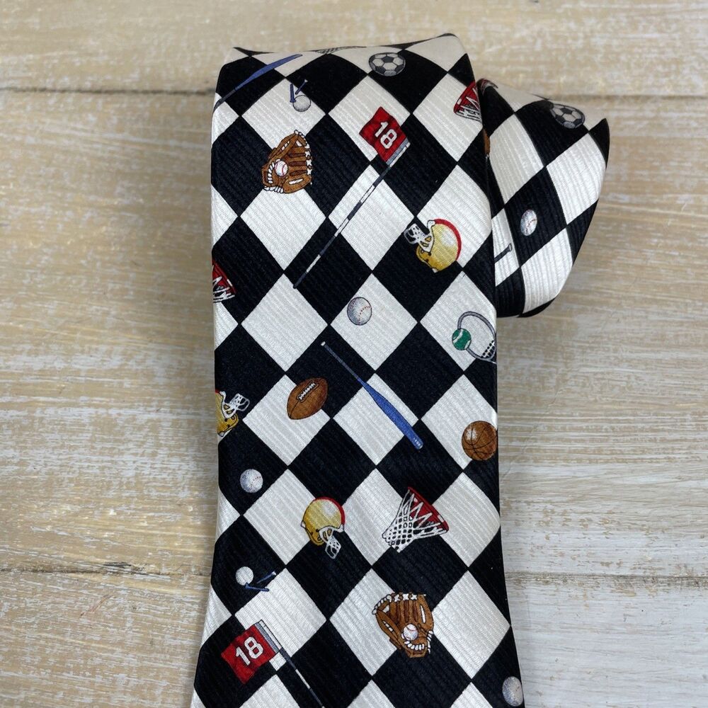 Lord & Taylor Men's Tie 100% Silk Black/White Checkered Sports Equipment 50” x 3